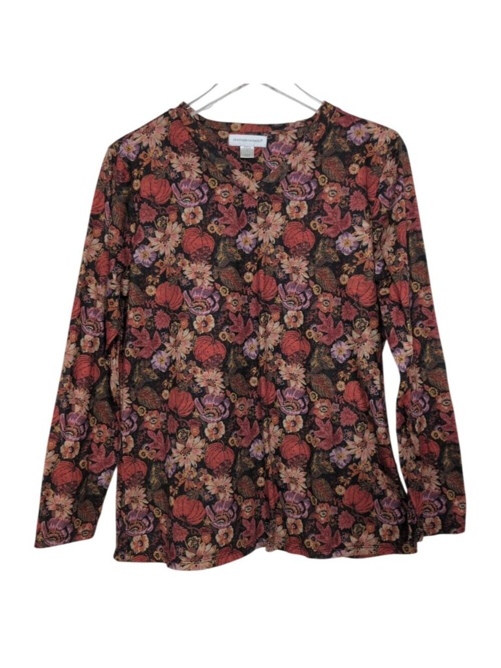 Christopher & Banks Floral Pumpkin Shirt Womens Size Large Black Stretch Autumn